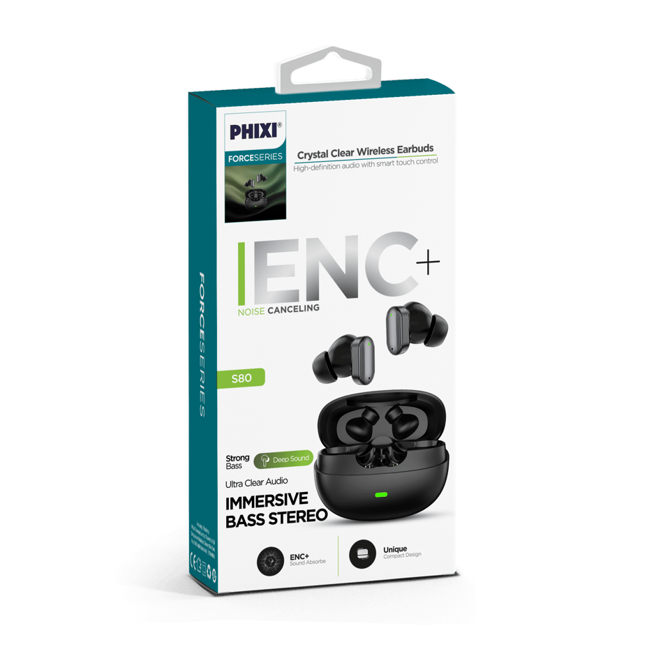 PHIXI Force S80 Kablosuz Bluetooth Kulaklık – ENC Gürültü Engelleme, Bluetooth 5.3 TWS Kulaklık