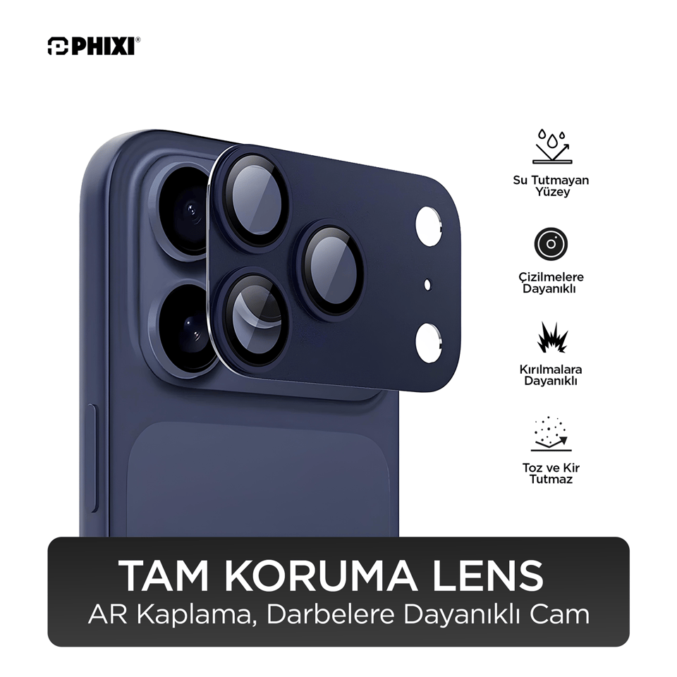 PHIXI Guard Serisi iPhone 17 Pro Max Tam Kaplama Lens Koruyucu – AR Kaplama, Lacivert