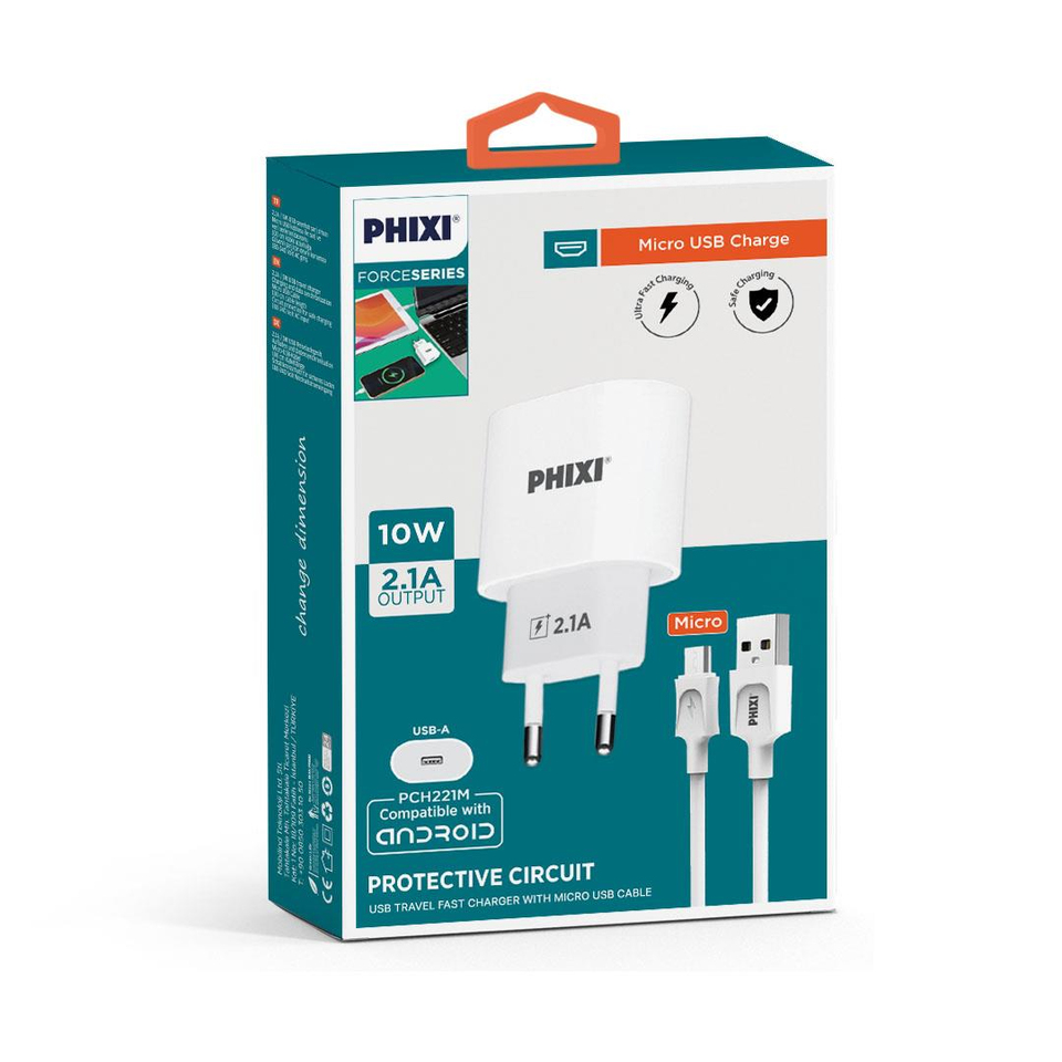 Phixi PCH221M Force Akım Korumalı 2.1A Micro USB Kablolu Şarj Cihazı