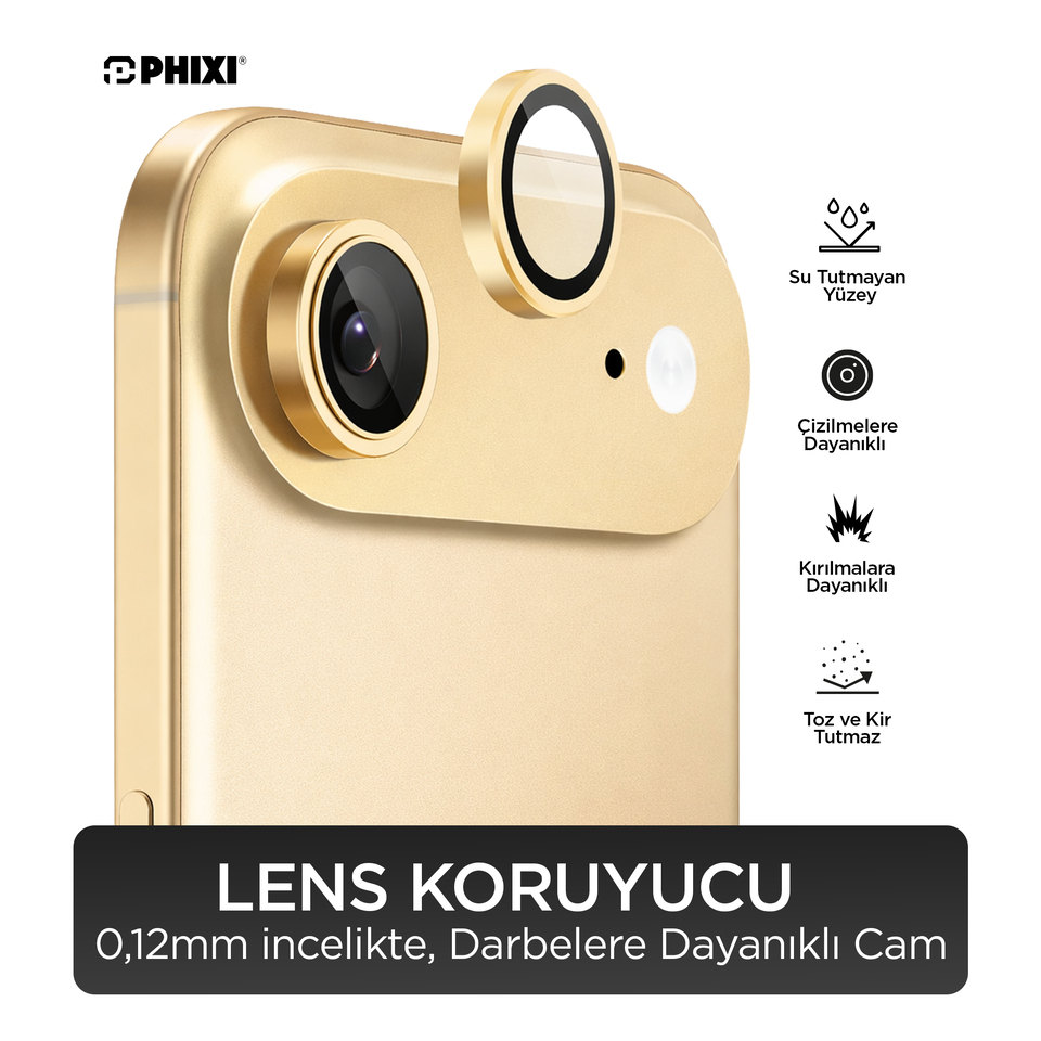 Phixi Premium Guard Serisi – iPhone 17 Air Uyumlu Gold Kamera Lens Koruyucu | Safir Cam, Kırılmaz, Gerçek Görünüm