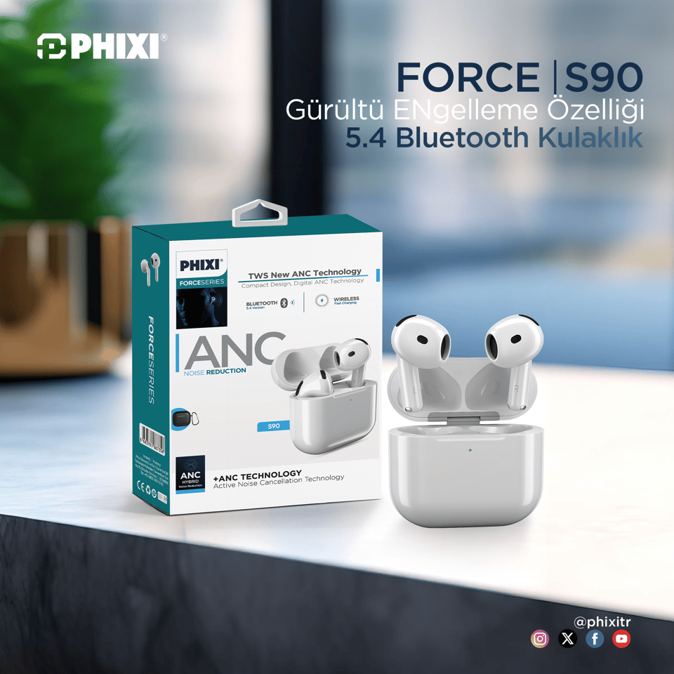 PHIXI S90 ANC TWS Kablosuz Bluetooth Kulaklık Aktif Gürültü Engelleme