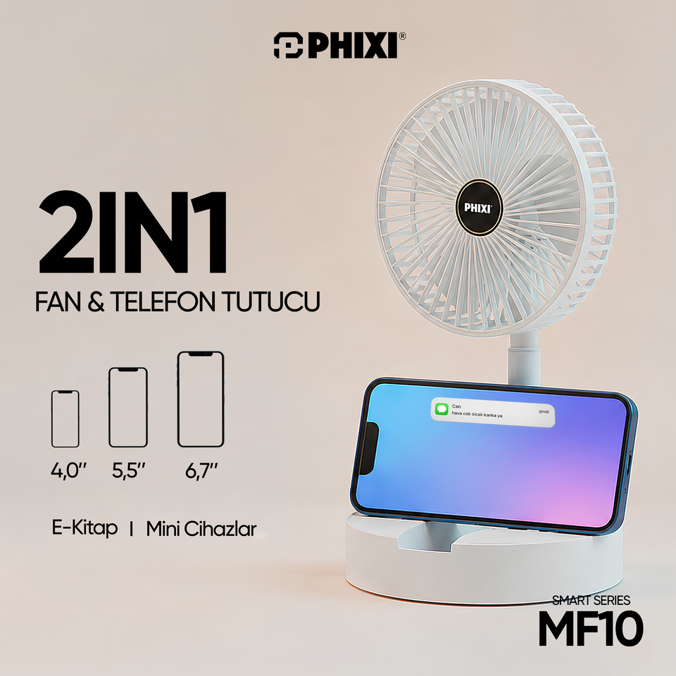 PHIXI Smart MF10 Katlanabilir 2'si 1 Arada Telefon Standlı Şarjlı Masaüstü Fan