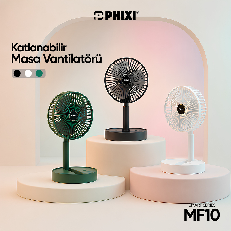 PHIXI Smart MF10 Katlanabilir 2'si 1 Arada Telefon Standlı Şarjlı Masaüstü Fan