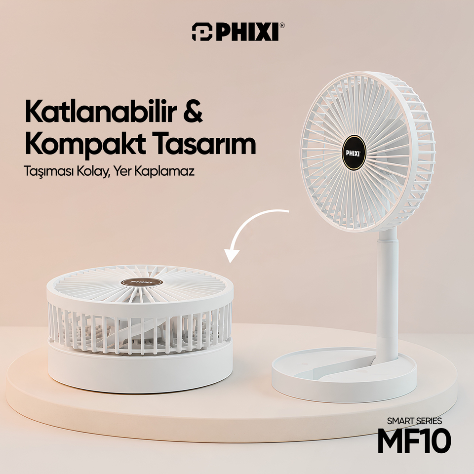 PHIXI Smart MF10 Katlanabilir 2'si 1 Arada Telefon Standlı Şarjlı Masaüstü Fan