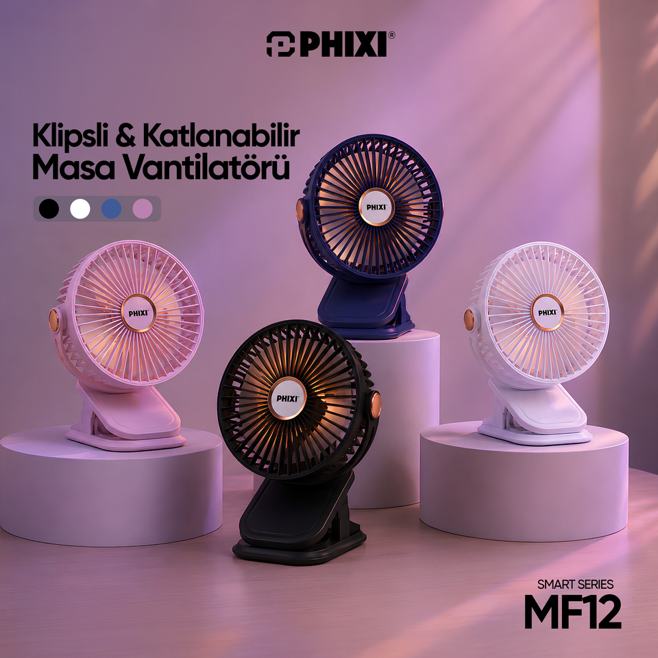 PHIXI Smart MF12 Klipsli Esnek Ambiyans Aydınlatmalı Şarjlı Mini Fan