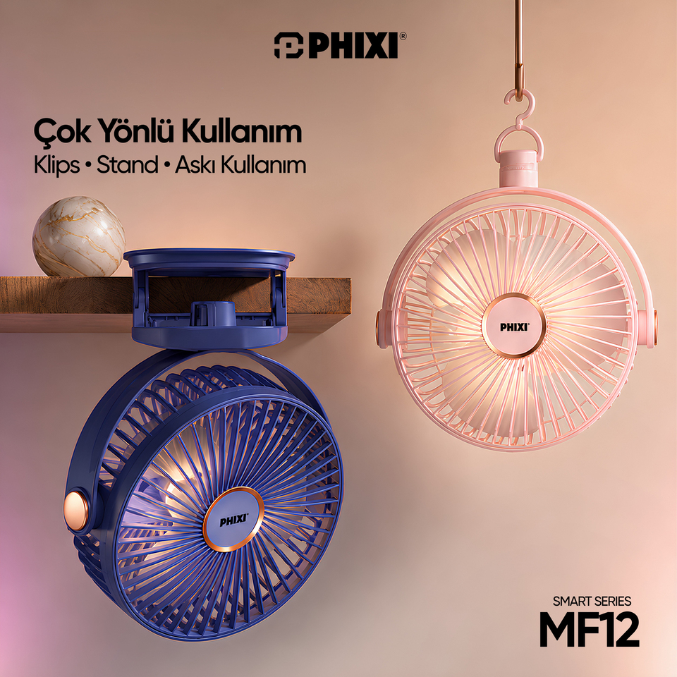 PHIXI Smart MF12 Klipsli Esnek Ambiyans Aydınlatmalı Şarjlı Mini Fan