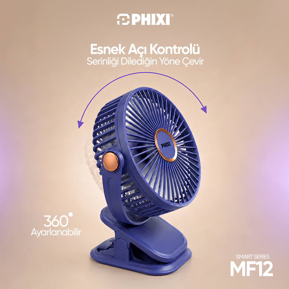 PHIXI Smart MF12 Klipsli Esnek Ambiyans Aydınlatmalı Şarjlı Mini Fan