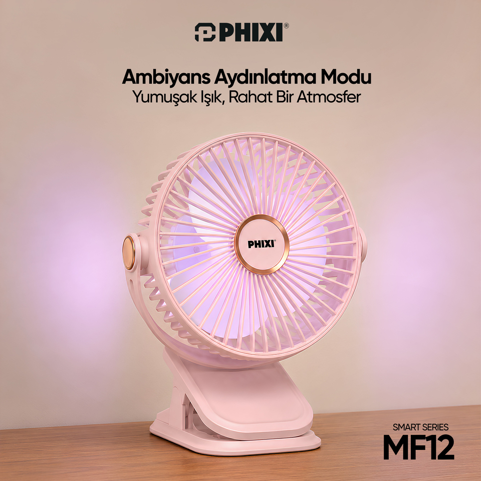 PHIXI Smart MF12 Klipsli Esnek Ambiyans Aydınlatmalı Şarjlı Mini Fan