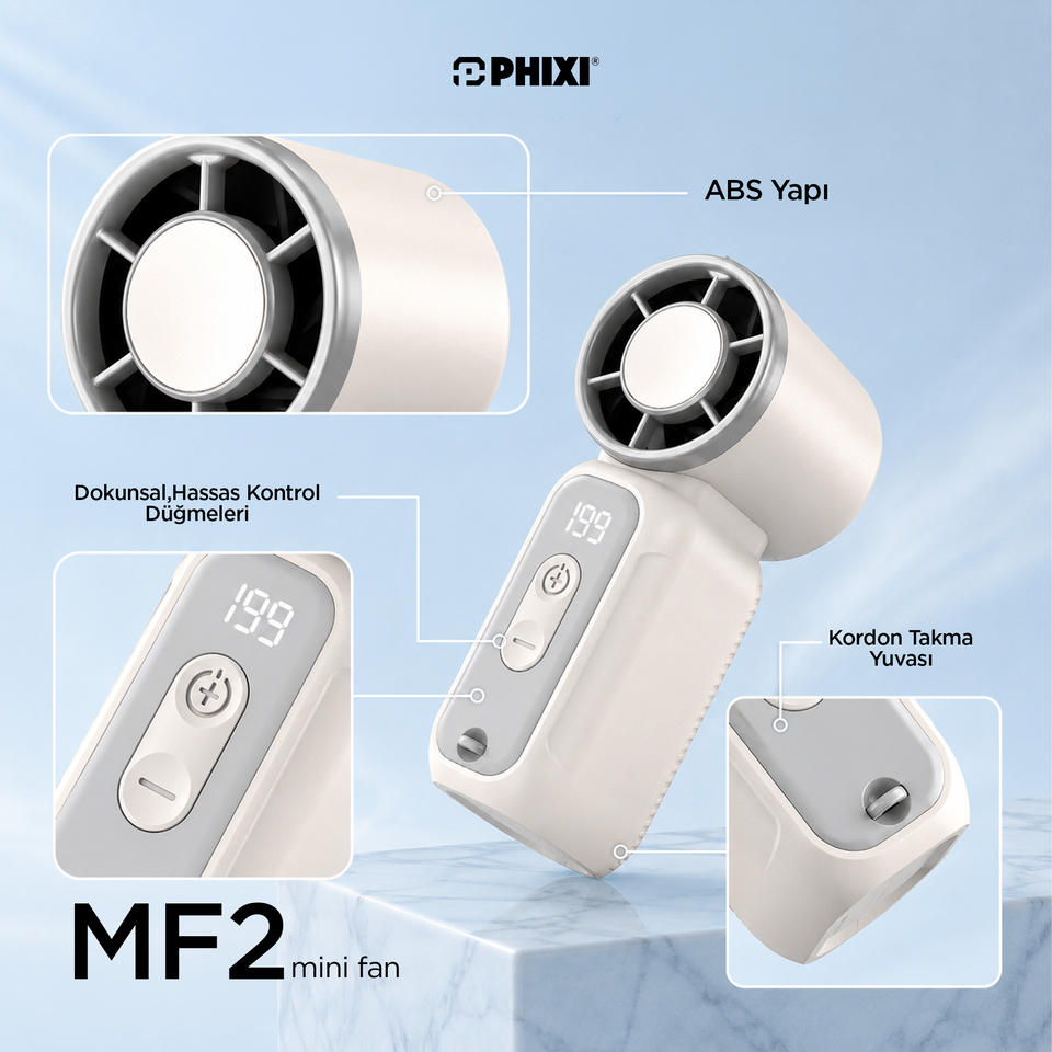 PHIXI Smart MF2 500 mAh Dijital Göstergeli Şarjlı Taşınabilir Mini Fan