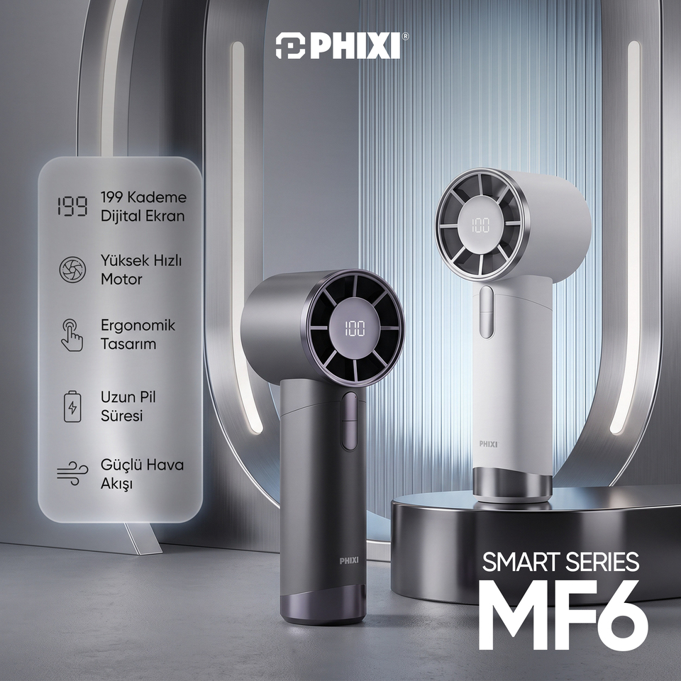 PHIXI Smart MF6 199 Kademeli Dijital Göstergeli Şarjlı Taşınabilir Mini Fan