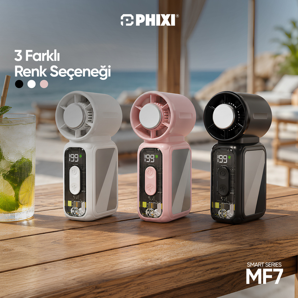 PHIXI Smart MF7 3700 mAh 199 Kademeli Dijital Göstergeli Type-C Şarjlı Taşınabilir Mini Fan