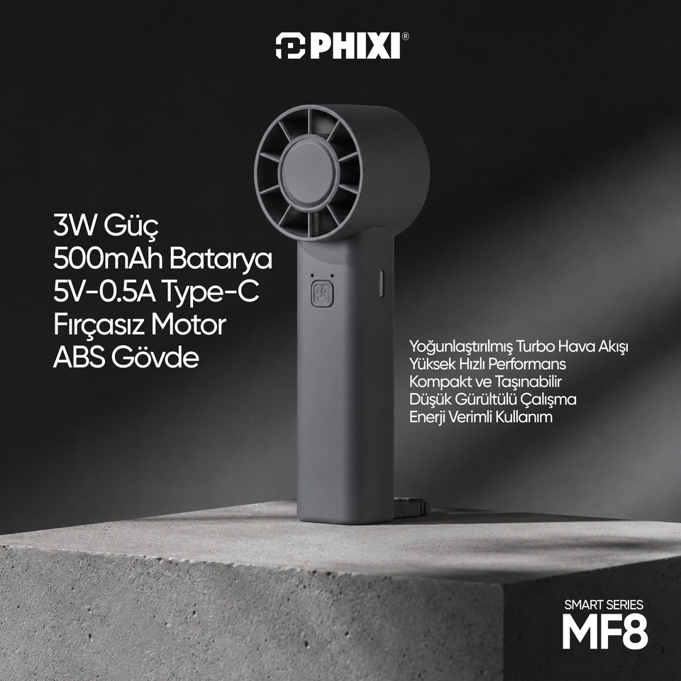 PHIXI Smart MF8 500 mAh 3 Kademeli Şarjlı Taşınabilir Mini El Fanı