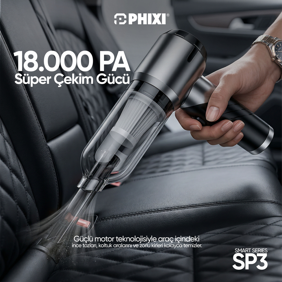 PHIXI Smart SP3 18000 Pa 2'si 1 Arada Üfleme ve Süpürme Şarjlı Araç Süpürgesi