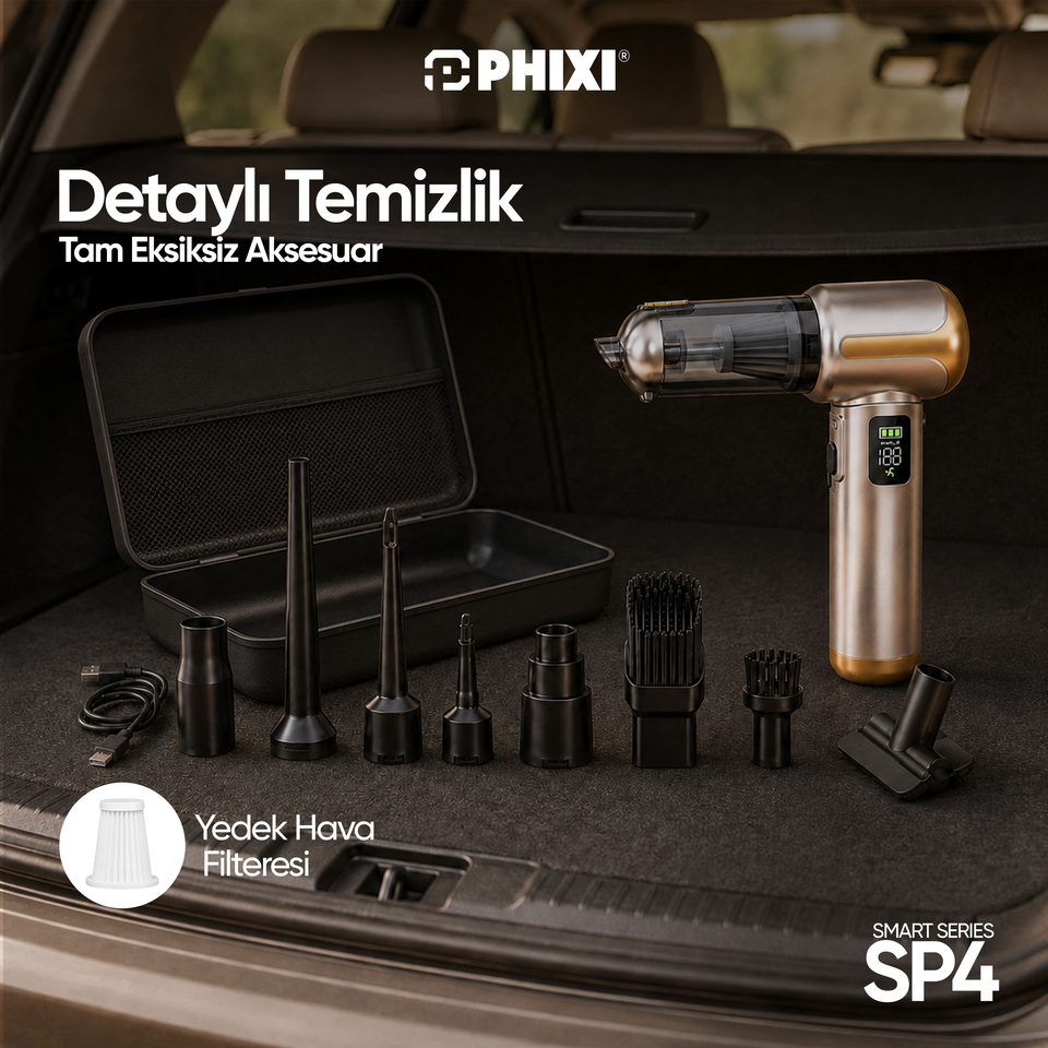 PHIXI Smart SP4 22000 Pa Dijital Göstergeli Şarjlı Araç İçi Süpürge