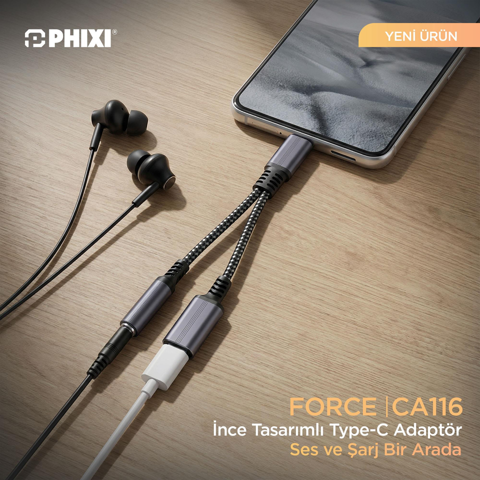 PHIXI Type-C to 3.5mm + Type-C Splitter – Şarj ve Kulaklık Adaptörü