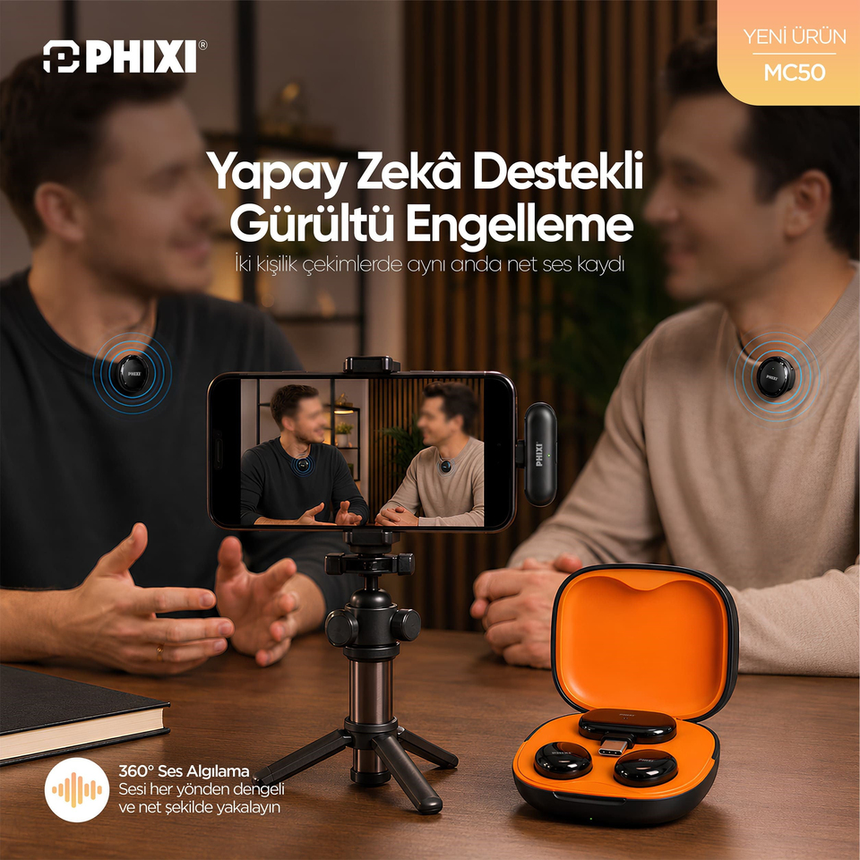 PHIXI Ultimate MC50 Yapay Zeka Destekli ANC Kablosuz Yaka Mikrofonu