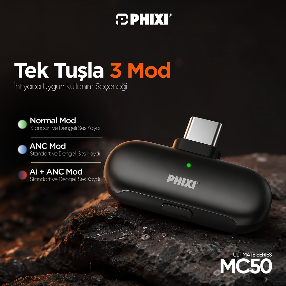 PHIXI Ultimate MC50 Yapay Zeka Destekli ANC Kablosuz Yaka Mikrofonu