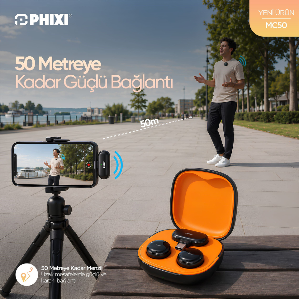 PHIXI Ultimate MC50 Yapay Zeka Destekli ANC Kablosuz Yaka Mikrofonu