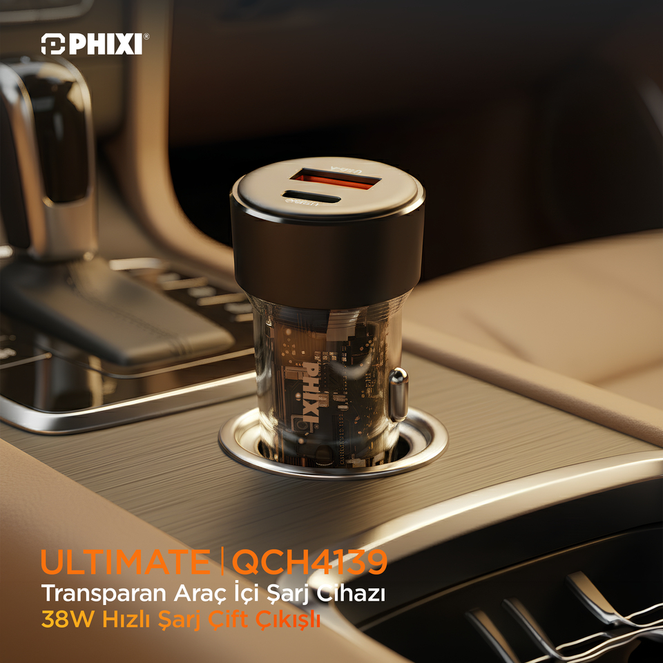 PHIXI Ultimate QCH4139 38W Araç İçi Hızlı Şarj Cihazı – Çift Çıkışlı USB-A & Type-C