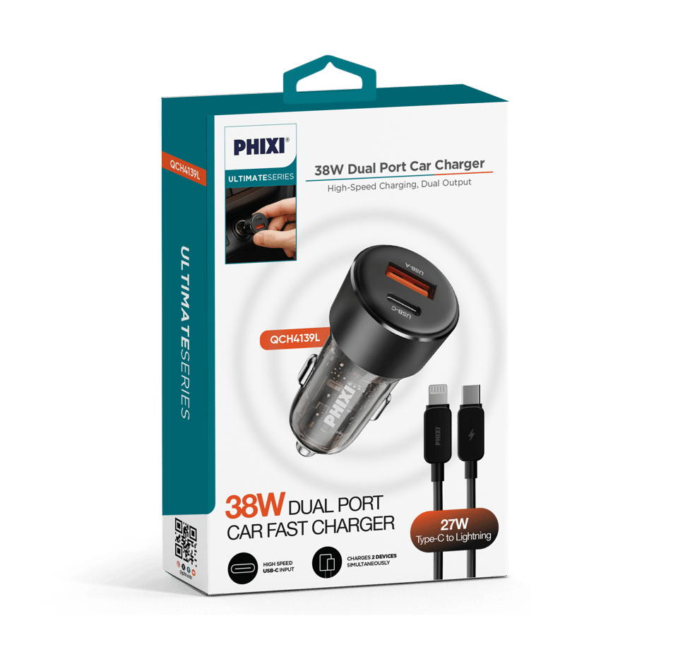 PHIXI Ultimate QCH4139L 38W Araç İçi Hızlı Şarj Cihazı – Lightning Kablolu Çift Çıkışlı