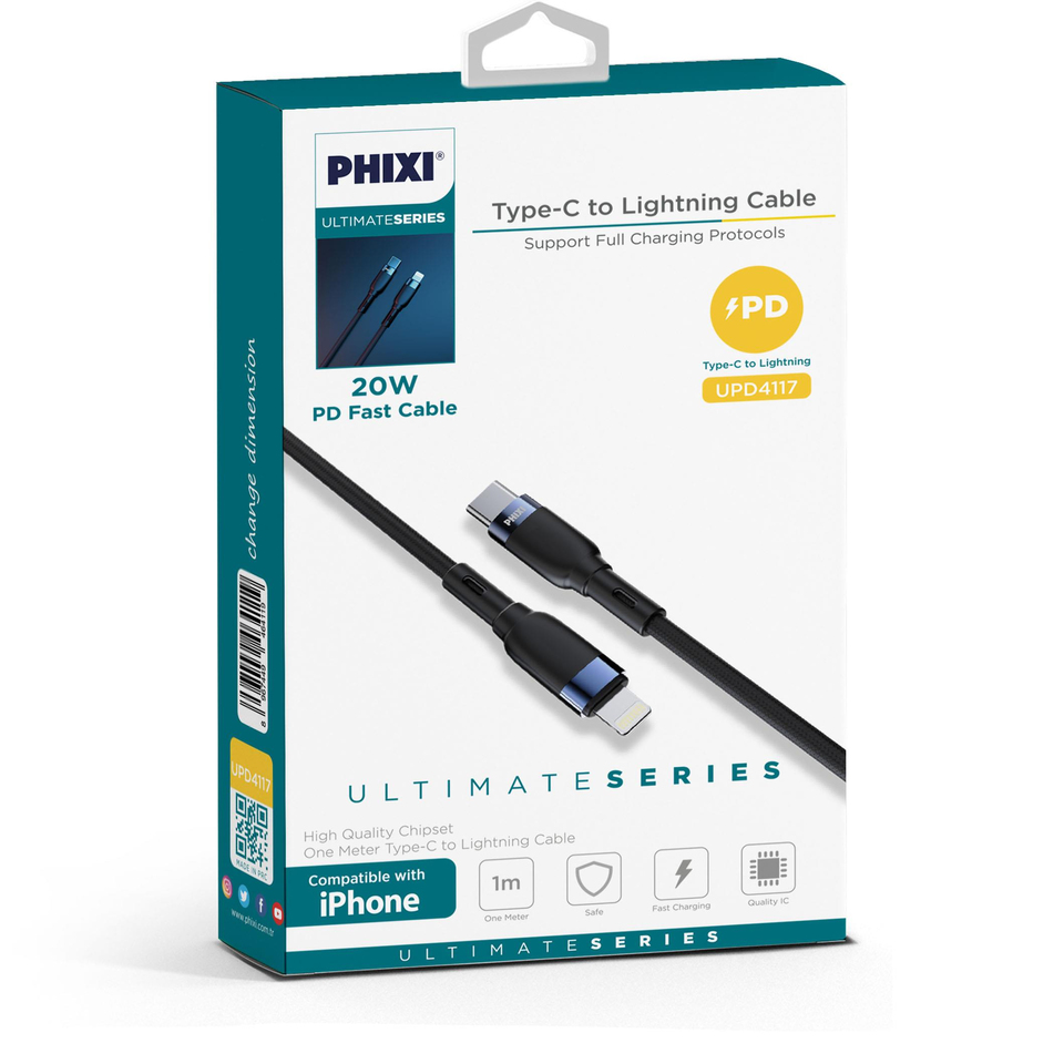 Phixi Ultimate UPD4117 Hasır Örgü ve Güçlendirilmiş Silikon Başlıklı Type-C to Lightning Hızlı Şarj ve Data Kablo