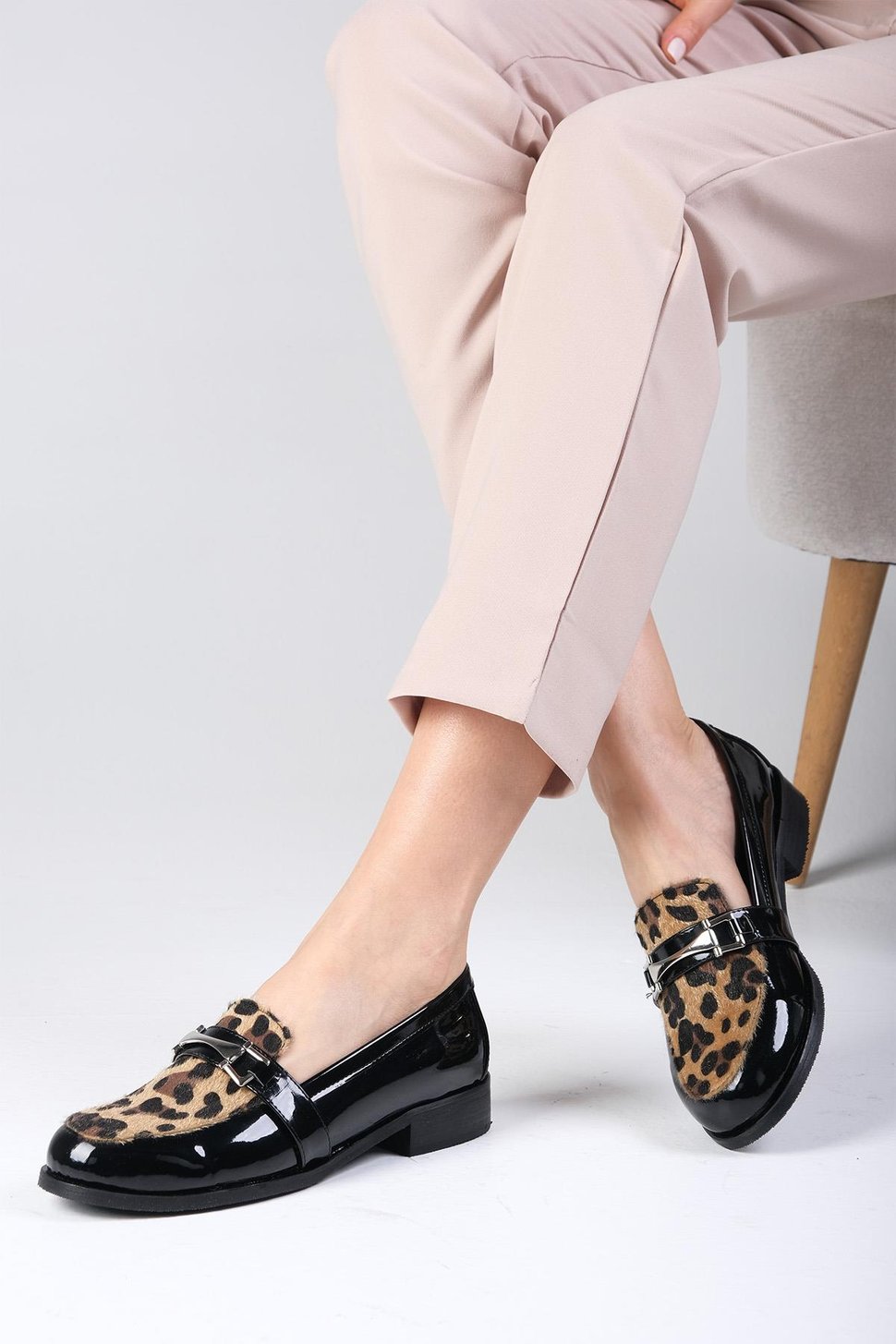 Bernice Leopar Desenli Rugan Oxford Ayakkabı-DÜZ AYAKKABI-Mio Gusto-02108LEO