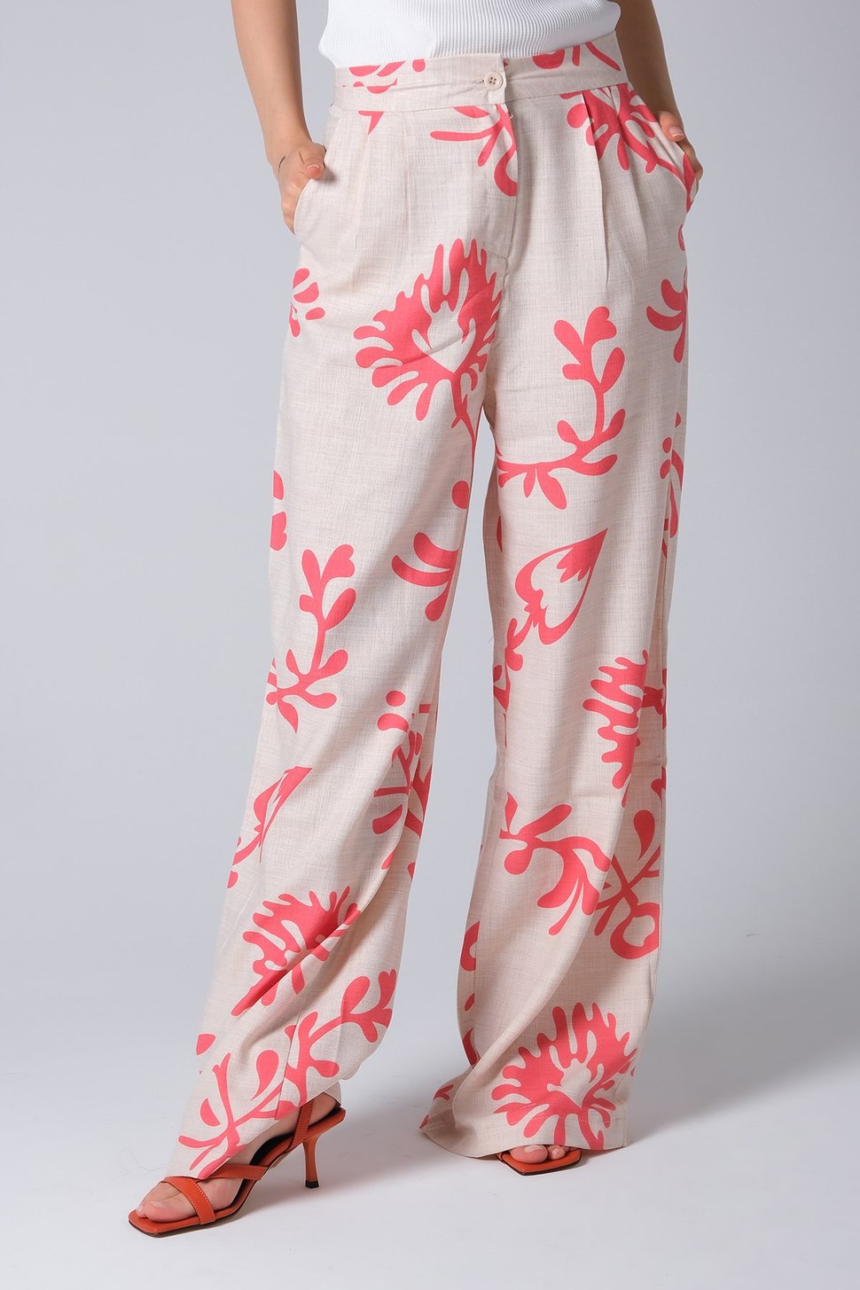 Mercan Rengi Kadın Bol Paça Pantalon-Pantolon-Mio Gusto-G0025PIK