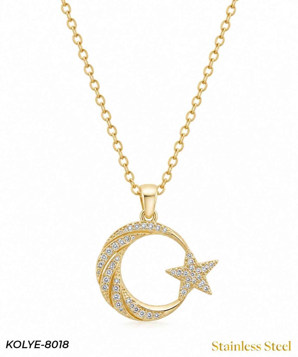  Çelik Taşlı Ay Yıldız Kolye 45 cm // KOLYE-8018KOLYE-8018