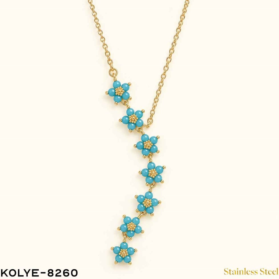 Çelik Çiçek Detay Mavi Y Kolye //KOLYE-8260KOLYE-8260