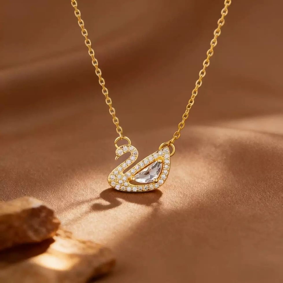 Çelik Gold Renk Taşlı SWAR Kuğu Kolye // KOLYE-7291KOLYE-7291