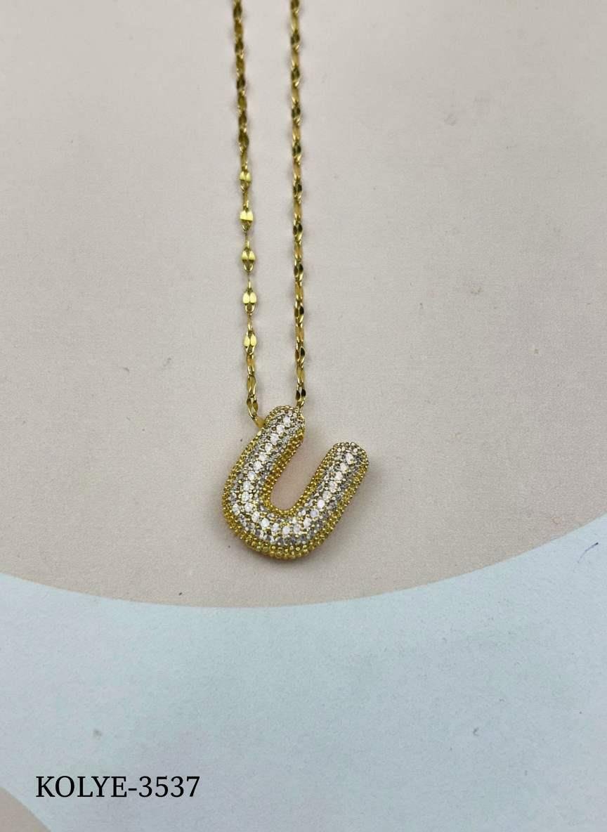 Çelik Gold Taşlı Balon Harf Kolye 45cm (U) // KOLYE-3537.KOLYE-3537