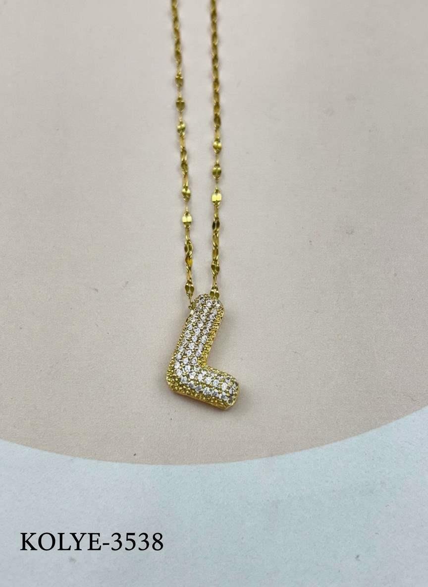 Çelik Gold Taşlı Balon Harf Kolye 45cm (L) // KOLYE-3538.KOLYE-3538