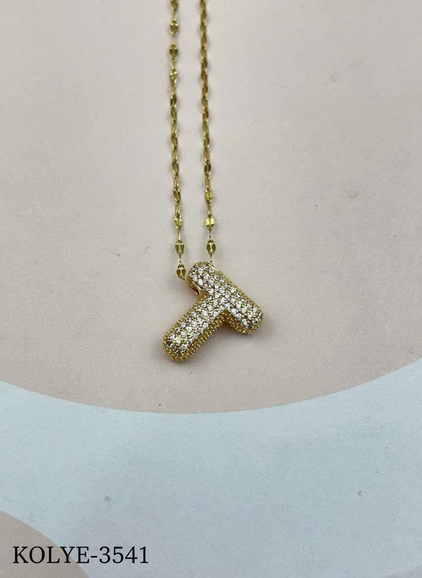 Çelik Gold Taşlı Balon Harf Kolye 45cm (T) // KOLYE-3541.KOLYE-3541