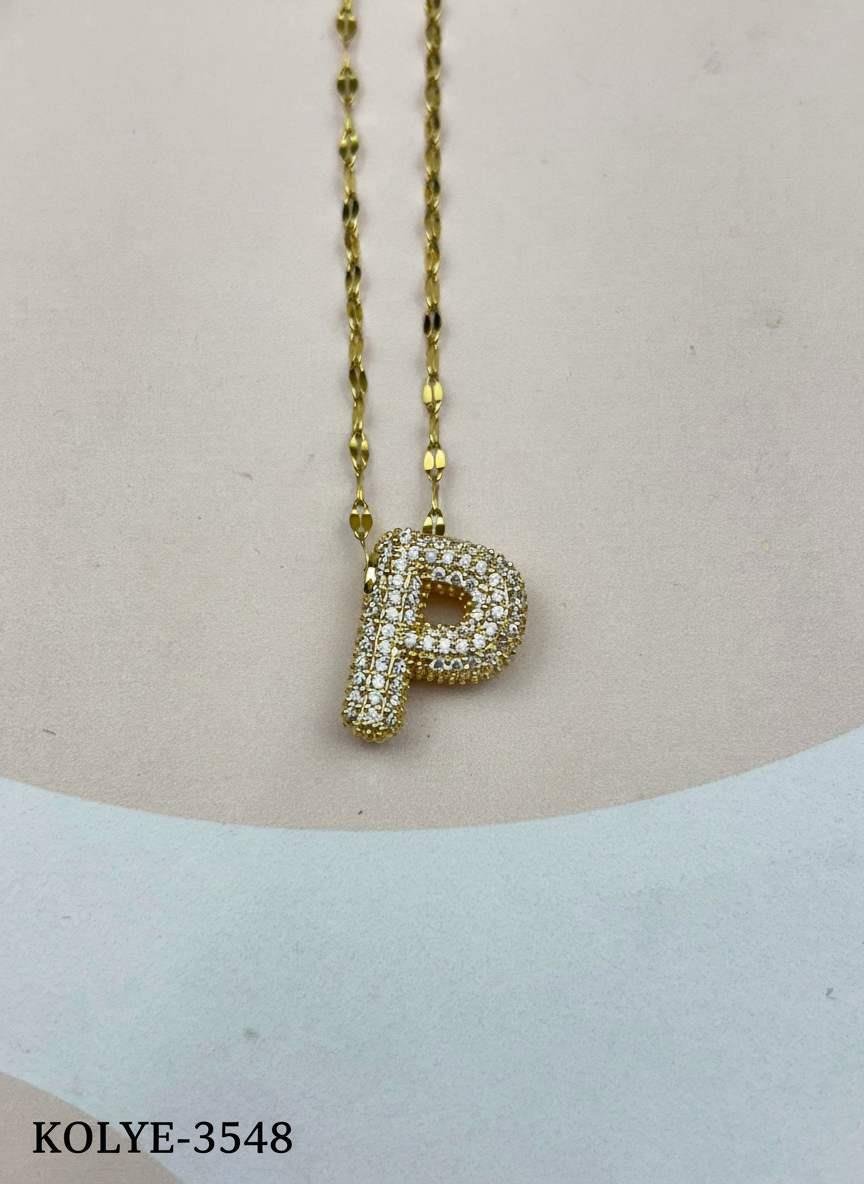 Çelik Gold Taşlı Balon Harf Kolye 45cm (P) // KOLYE-3548.KOLYE-3548