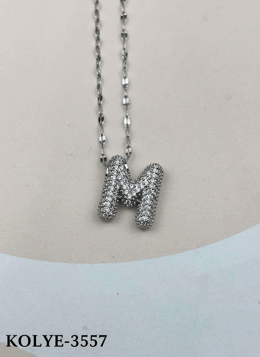 Çelik Silver Taşlı Balon Harf Kolye 45cm (M) // KOLYE-3557.KOLYE-3557