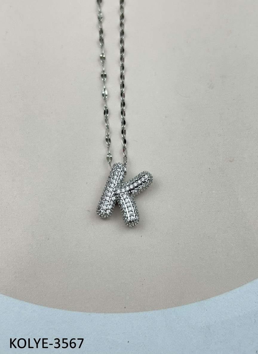 Çelik Silver Taşlı Balon Harf Kolye 45cm (K) // KOLYE-3567.KOLYE-3567