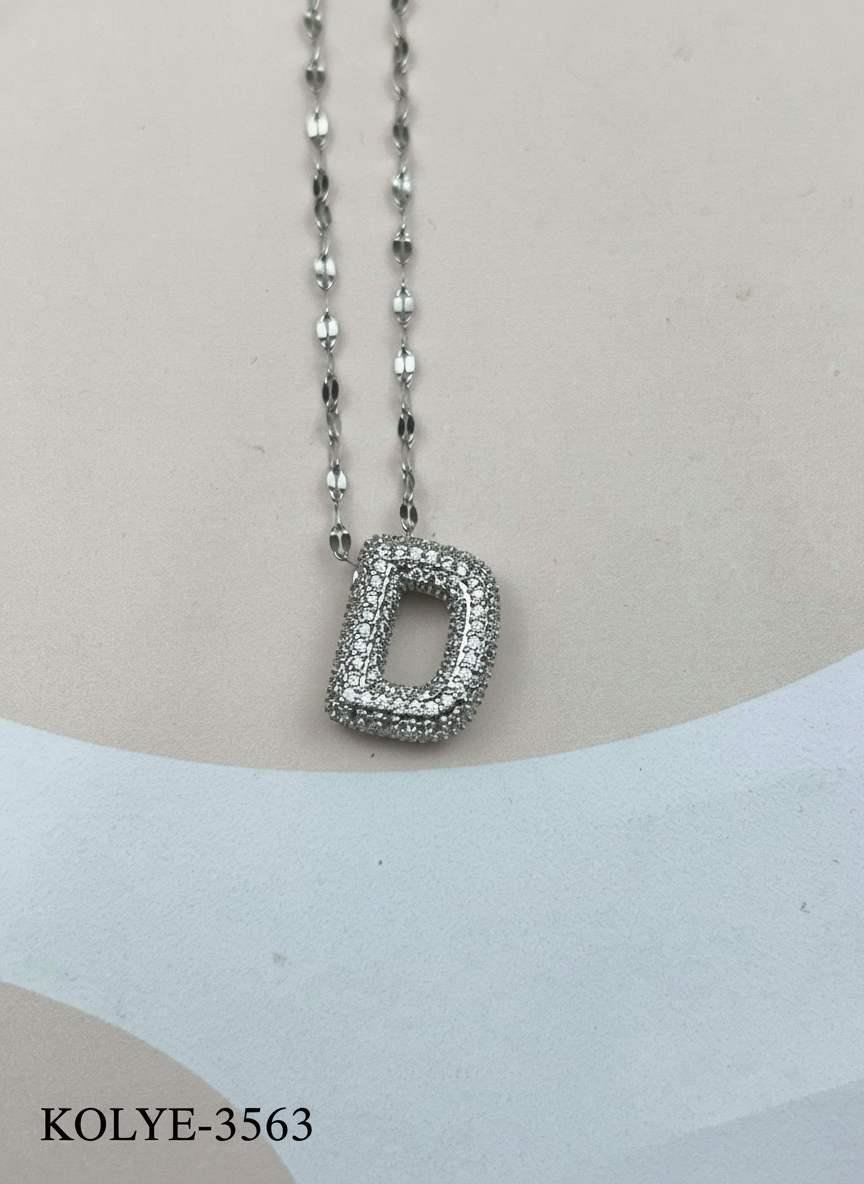 Çelik Silver Taşlı Balon Harf Kolye 45cm (D) // KOLYE-3563.KOLYE-3563
