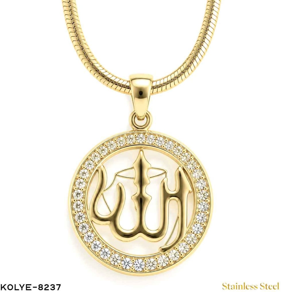 Çelik Taşlı Allah Yazılı Yuvarlak Kolye 45CM //KOLYE-8237KOLYE-8237